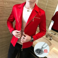 new fashion mens zipper punk jacket nightclub wear party slim fit casual coat outwear lapel solid color short coats a9