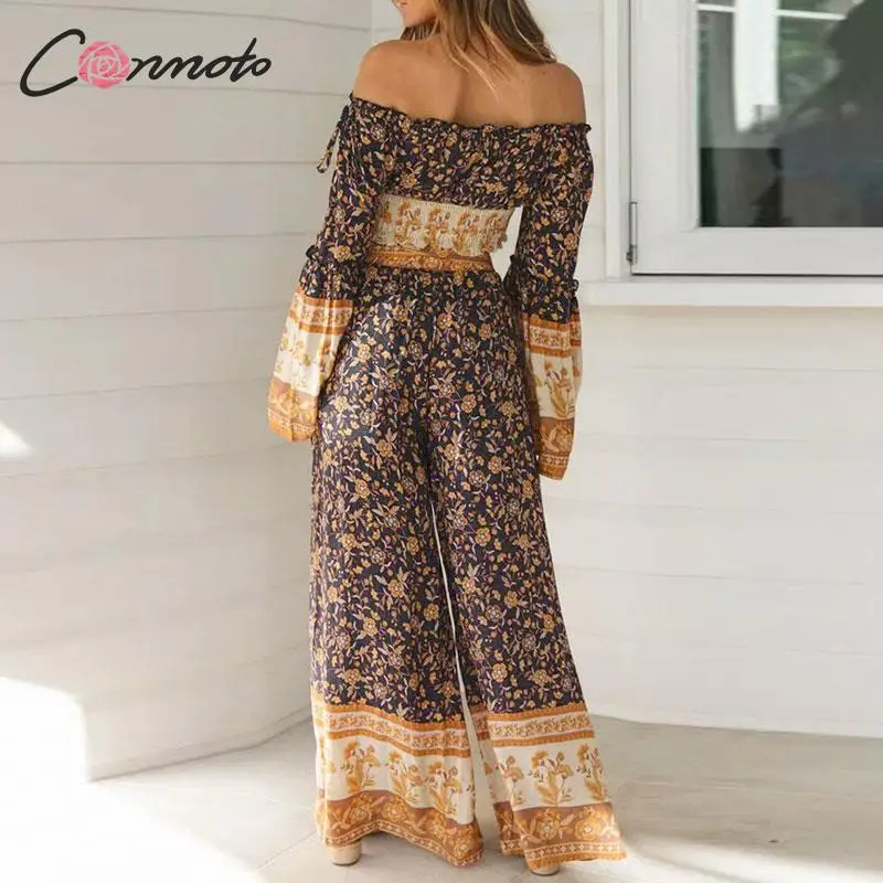 Женский богемный комбинезон Conmoto длинный с широкими штанинами и бантом Осень