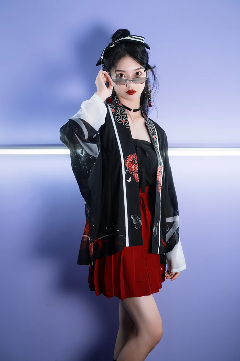 

Chinese Style Hanfu Short Burgundy Skirt+Black Top Summer Stage Performance Suit Novelty Women Outfit Disguise Cosplay Costumes