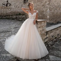 sodigne lace wedding dresses 2021 v neck capped sleeves appliques bridal gowns a line princess wedding gown robe de mariee