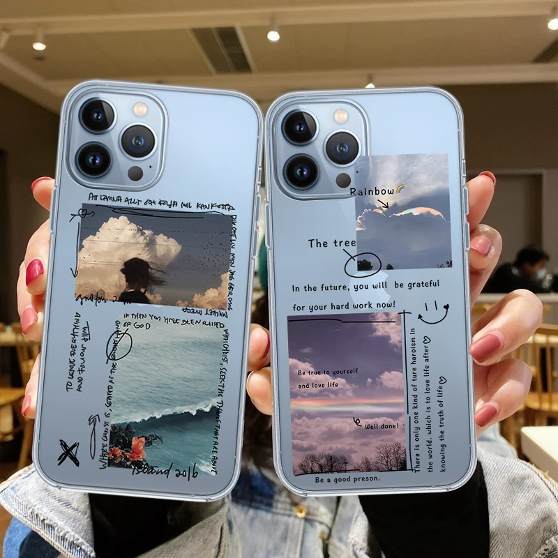 

Fashion Simplicity Scenery Text aesthetics Phone Case For iPhone 13 12 mini 11 12Pro XS MAX XR 7 8 Plus SE20 X transparent Cover