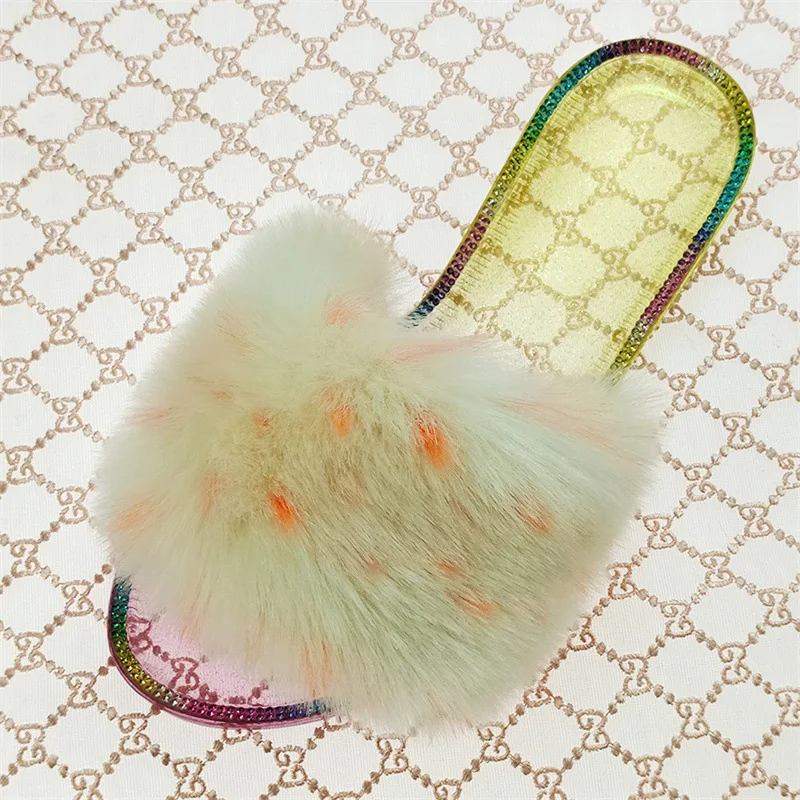 

2021 New Colorful Faux Fur Slides Women Slippers Crystal Jelly Flat Bottom Diamand Bling Ladies Sandals Shoes