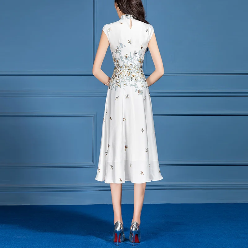 

New 2021 Summer Fashion Graceful Short Sleeve Floral Print Slim White Chiffon Dress Women
