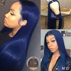 Синие цветные 180% плотные человеческие волосы на сетке спереди, парики, бразильские прямые парики на сетке, темно-синие неповрежденные волосы для черных женщин