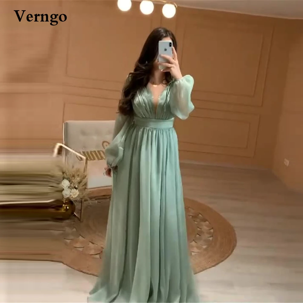 

Verngo Pale Green A Line Evening Gowns Long Sleeves Sash Floor Length 2021 Dubai Women Elegant Formal Prom Dress Party Wear Gown