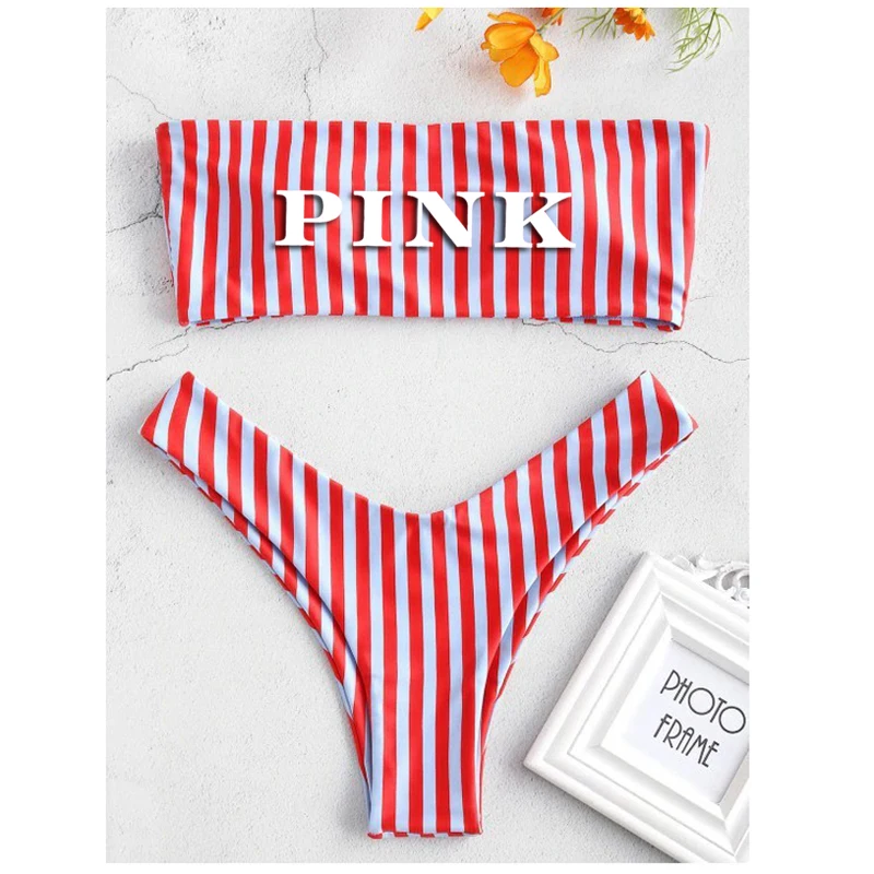 

New Bikini High Waist Strapless Set stripe Sexy Bikini Set Summer Bikini bandeau tops With chest pad Beachwear