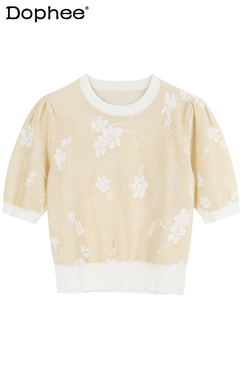 

Thin Sweet Girl Puff Sleeve Top Female Summer New Round Neck Jacquard T-shirt Puff Sleeve Straight All-match Tshirt for Women