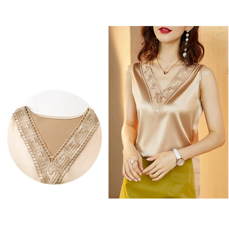 

Korean Silk Women Blouses Tops Woman Satin Blouse Shirts Women Embroidery Lace Blouses Top Woman V-neck Elastic Satin Blouse Top