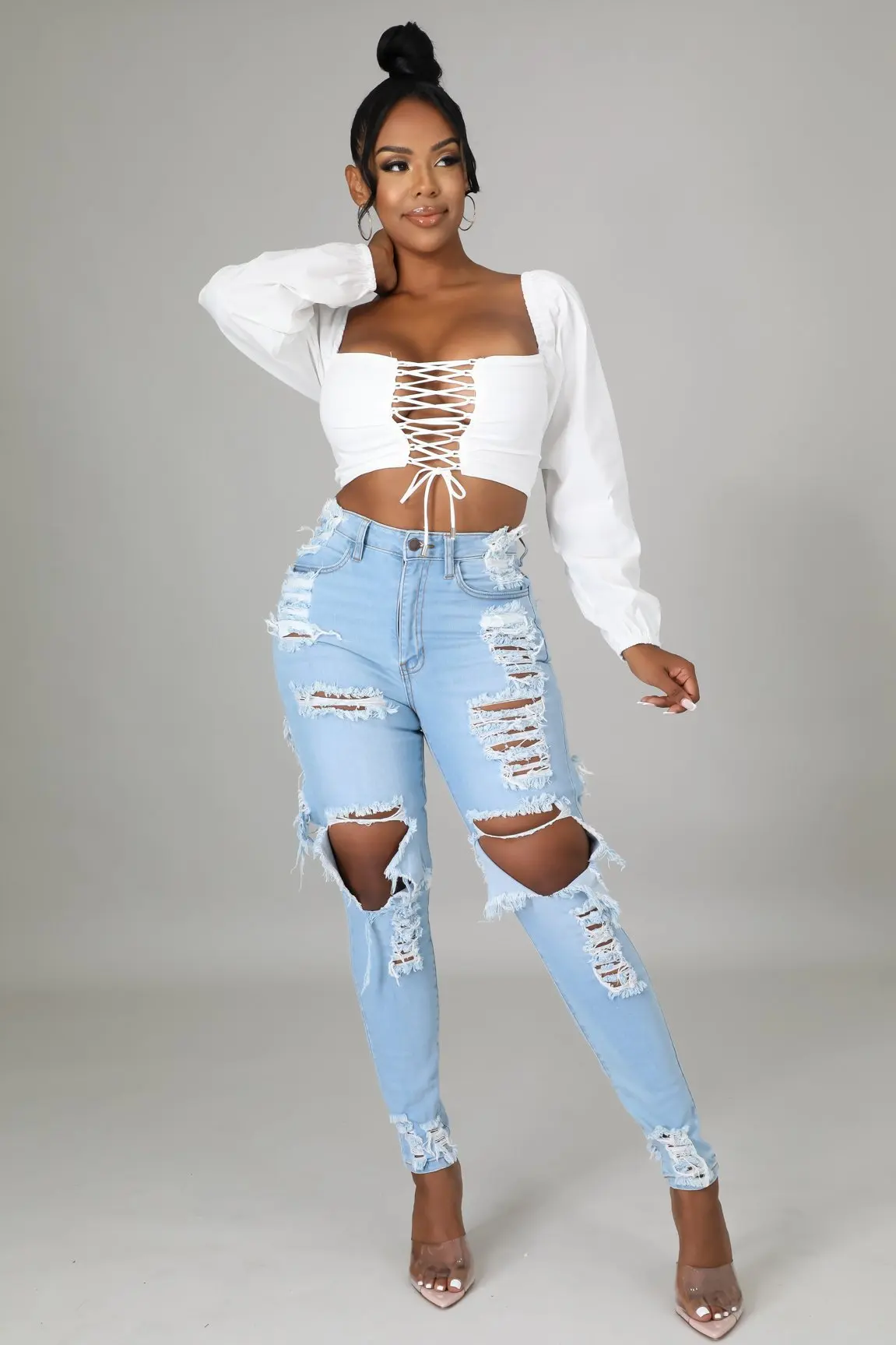 

Vintage Hollow Out Tassels Patchwork Pencil Pant Women Casual High Waist Zipper Fly Skinny Jeans Spring Fall Hole Denim Trouser