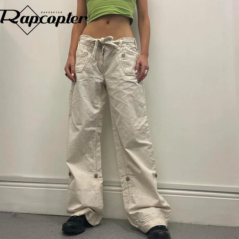 

Rapcopter y2k White Bandage Cute Cargo Jeans Low Waisted Baggy Trousers Women Vintage Pockets Streetwear Korean Jeans 90s Punk