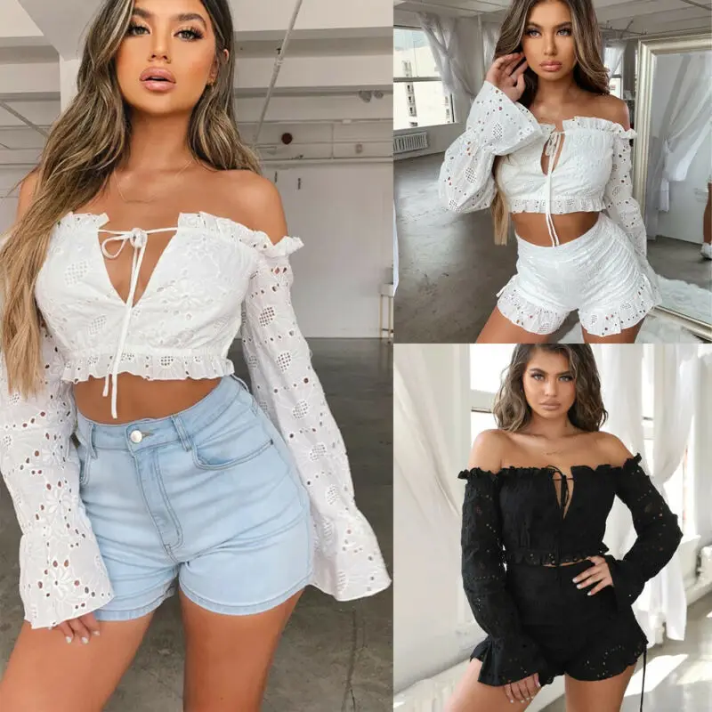 

Women Sexy V Neck TOP Blouse Pullover Ladies Casual Lace Tee Tops Plus Size