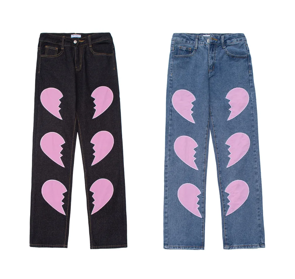 Korean Fashion Love Patch Embroidery Retro Washed Men Baggy Jeans Trousers Cotton Casual Straight Women Kpop Denim Pants Spodnie