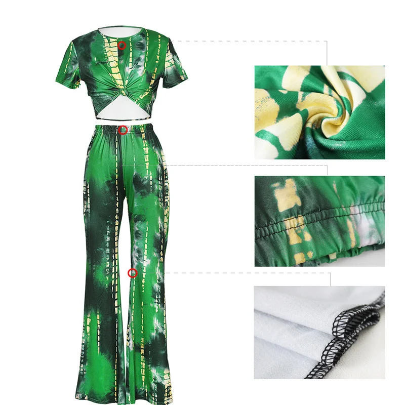 

Women Tracksuit Fashion Tie Dye Two Piece Set Sexy O-Neck Short Sleeve Crop Top and Flare Pants Casual Track Suit Sportwear