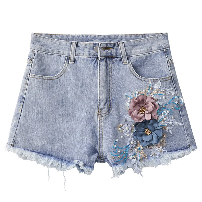 Summer new female embroidered sequins girl short sleeve T-shirt rough denim shorts two fashion suits  Wide Leg Pants