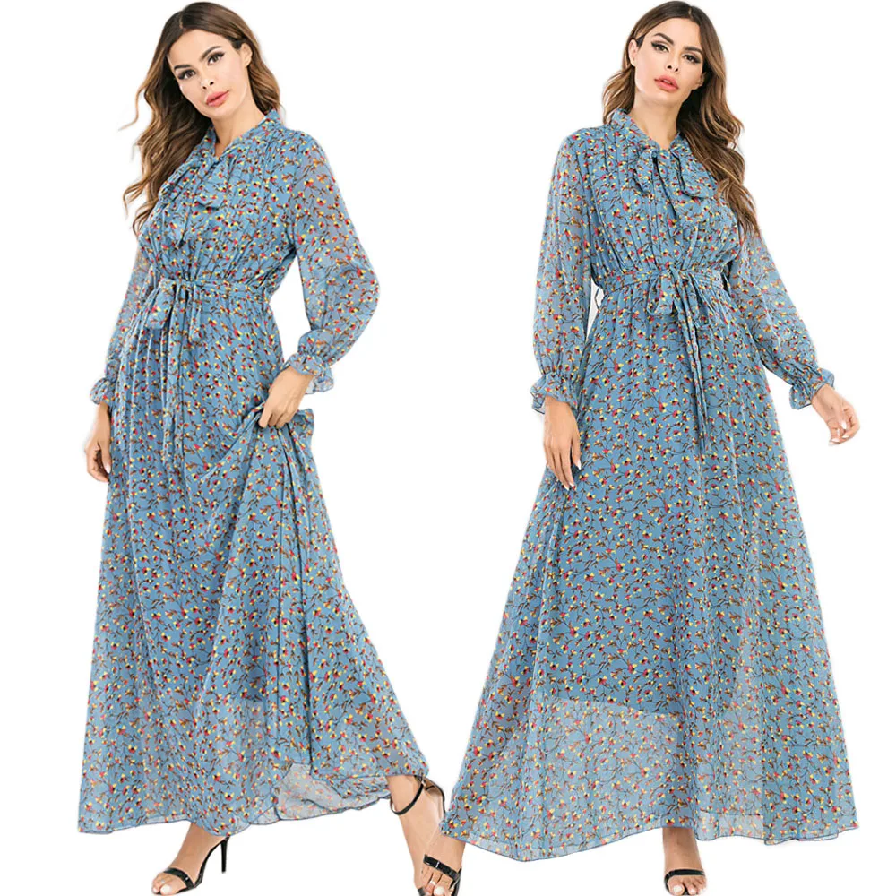 

Arab Jilbab Dubai Casual Chiffon Printed Long Dress Bohemian Bowknot Collar Muslim Women Abaya Islamic Vestido Middle East Robe