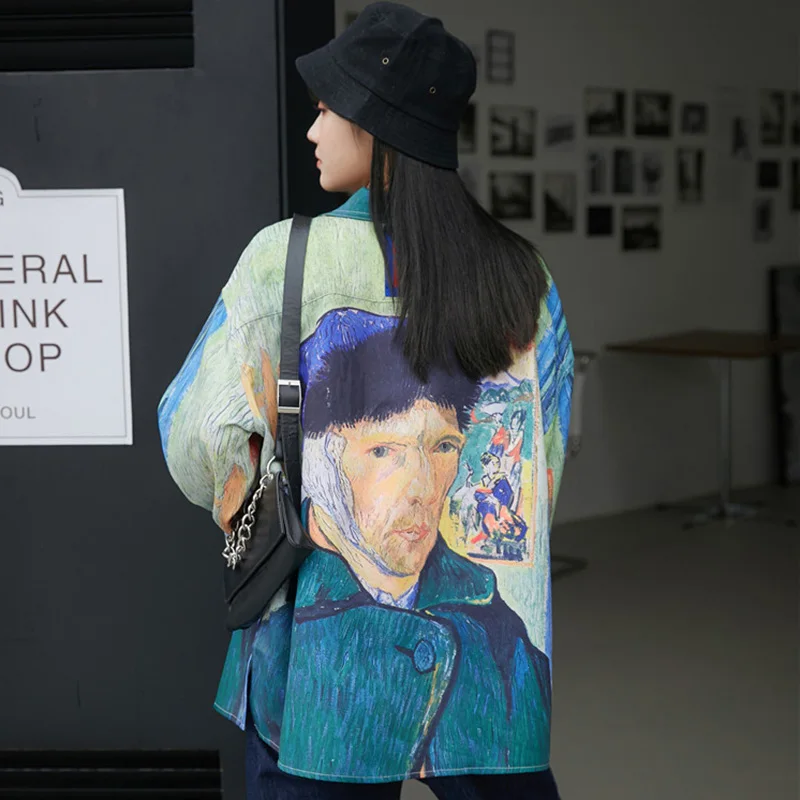 

New Autumn Vintage Women Shirt Harajuku Casual Hand-painted Oil Painting Printing Blouse Female Loose Art Shirts Top Mujer