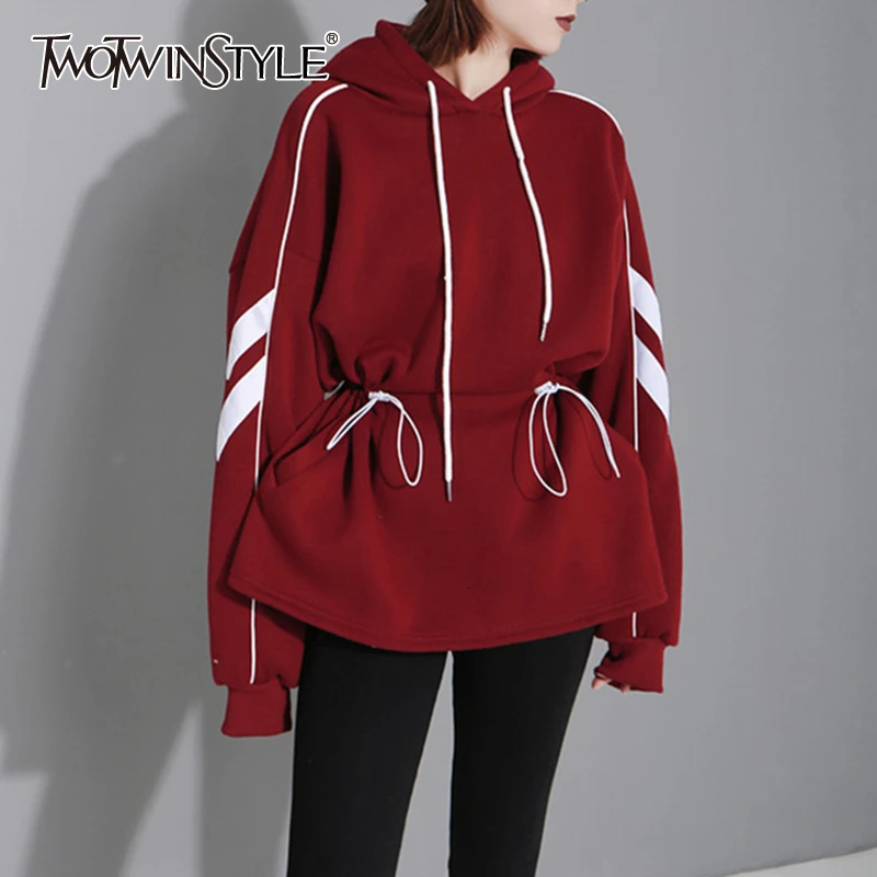TWOTWINSTYLE повседневное шнурок хит цвет Женские кофты с капюшоном воротник фонарь длинным рукавом Свободная Толстовка женская одежда
