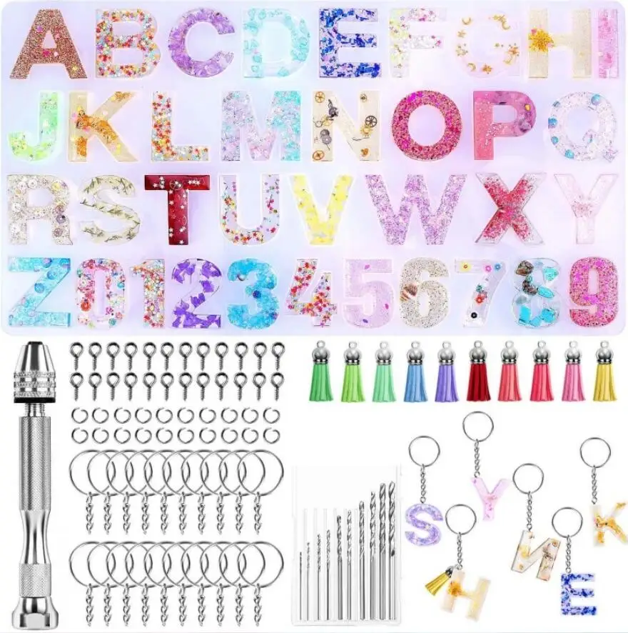 

Alphabet Number Resin Silicone Molds And Tools Set For DIY Keychain Silicone Casting Molds Tools Uv Clay Resin Jewelry Making