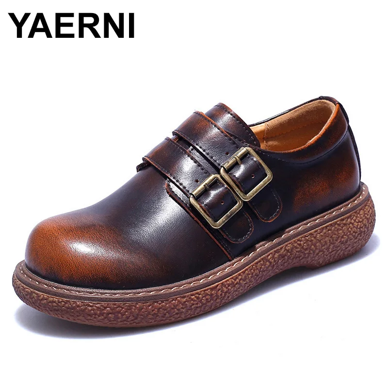 

YAERNI100% Oxford Vintage Genuine Cow Leather Shoes for Women 2019 Spring Autumn British Style Round Toe Flat Woman ShoesE1260