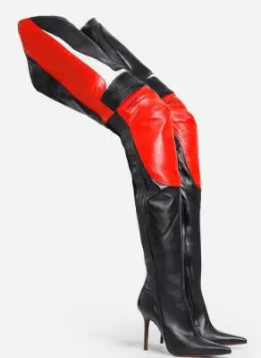 

Hot Woman Sexy Black Red White Patchwork Over The Knee Boots Pointed Toe Thin Heels Motorcycle Thigh Leather Boots Big Size 45