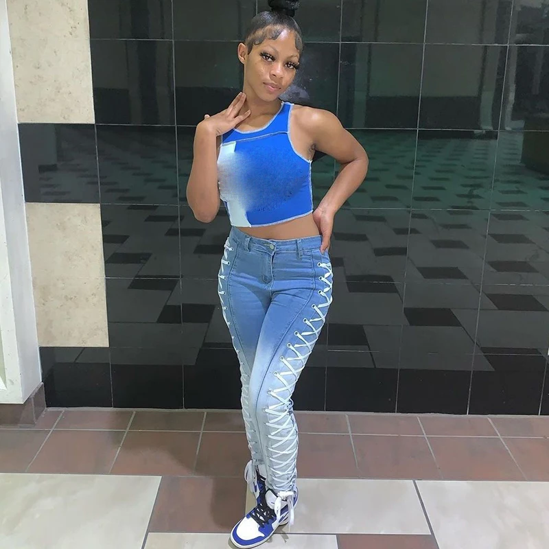

Plus Size Sexy Bandage Vintage White Blue Pencil Jeans Mom 3XL Trousers Streetwear Criss Cross Lace Up Party Club Denim Pants