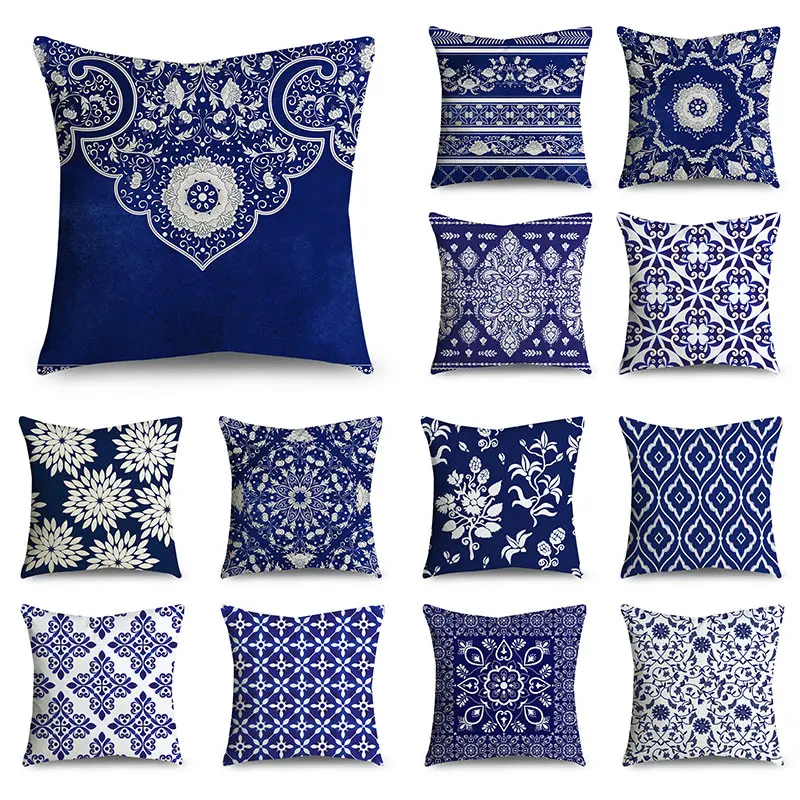 

Blue pattern Decorative Cushion Cover Floral Pillow Case For Living Room Bedroom Car Sofa Decor Pillowcase Home Pillows 45cm x 4