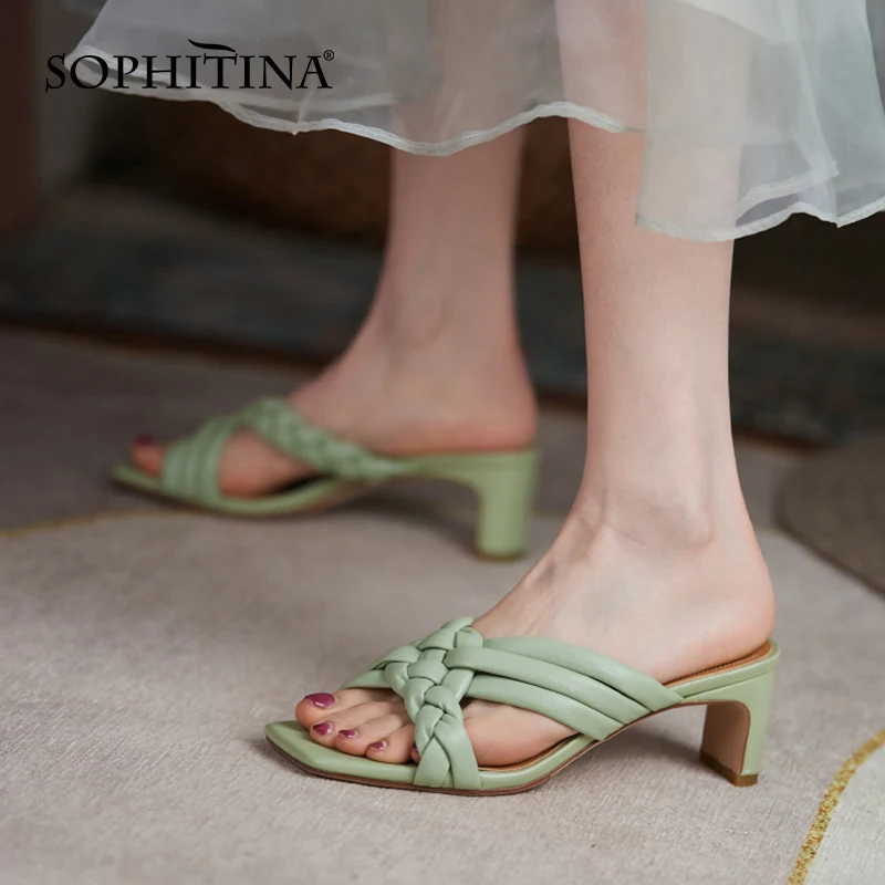 

Женские плетеные шлепанцы SOPHITINA, мягкая летняя кожаная обувь на среднем каблуке, дышащие, ручная работа, DO712
