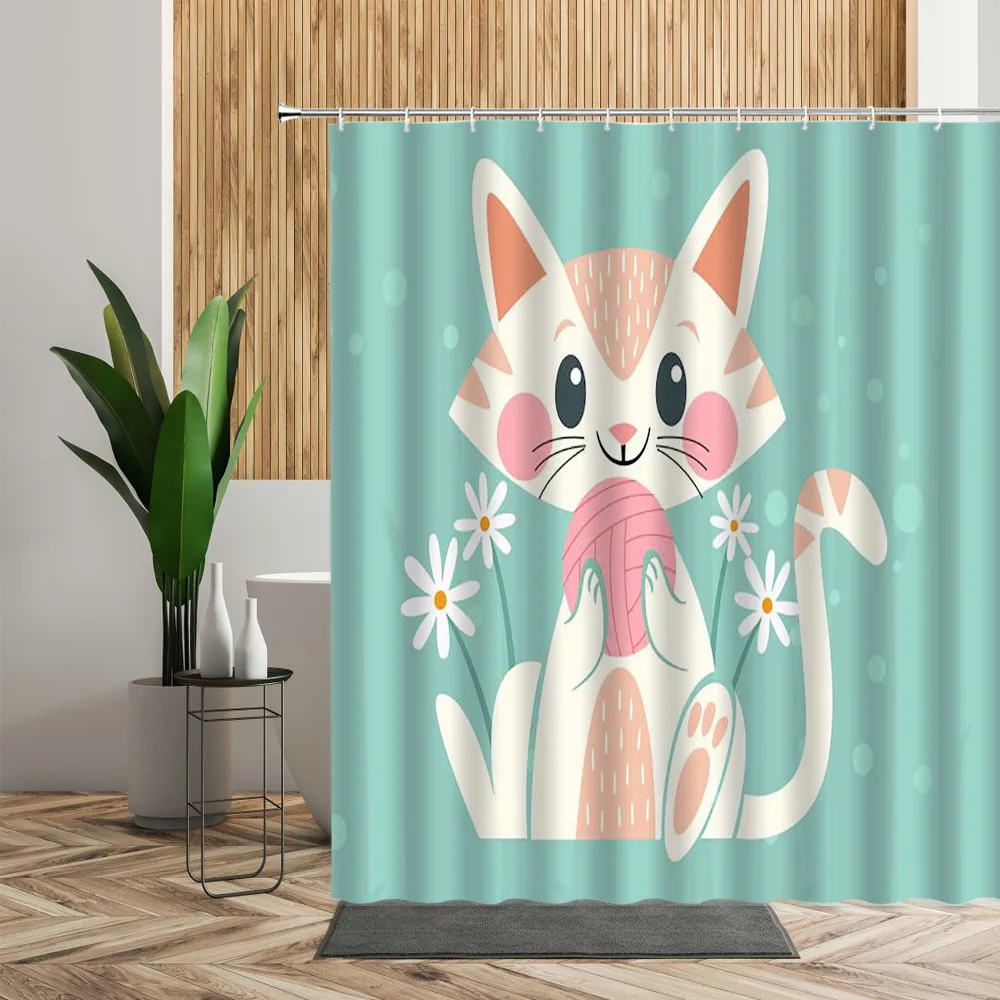 cartoon cat shower curtain set lovely cute cats animal kids bathroom decor waterproof child bath cloth home curtains accessories free global shipping