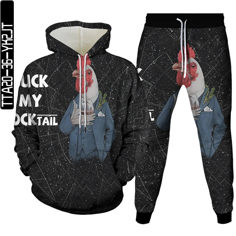 

Spring Autumn Unisex Hoodie Sweatpants 2 Piece Set 3D Printed Rooster Men's Pullover Fashion Casual Hip Hop Harajuku Streetwear