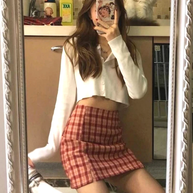 Женские комплекты Топ с длинным рукавом и клетчатая юбка на молнии Боковым