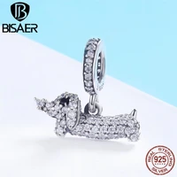 bisaer charms 925 sterling silver crystal dachshund charms cz dog animal pendant beads fit for bracelets diy jewelry making