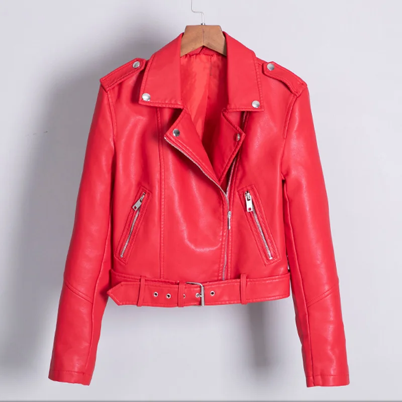 Женская куртка из искусственной кожи классическая короткая мотоциклетная с