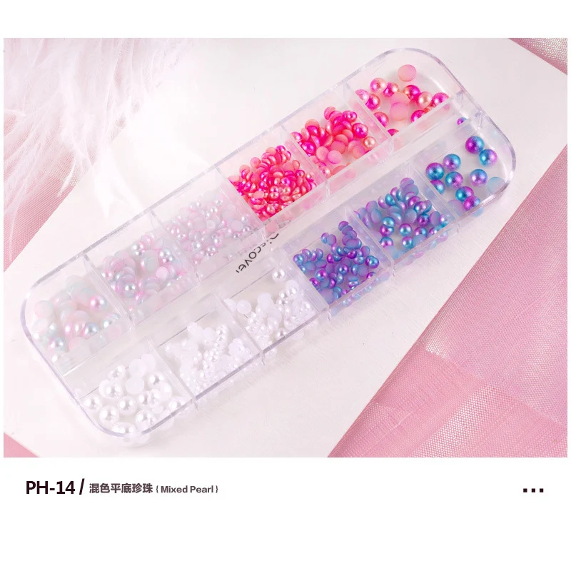 12 Grids/Box Mix Size 3D Nails Pearls Decor Micro Beads Charm Semicircle-Pearl Rhinestones Manicure DIY Nail Art Decorations