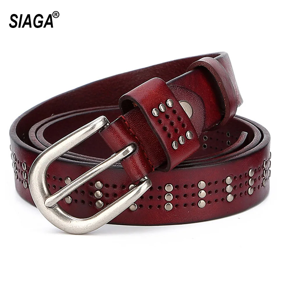 Женский ремень из натуральной кожи с заклепками длина 130 см | Аксессуары для