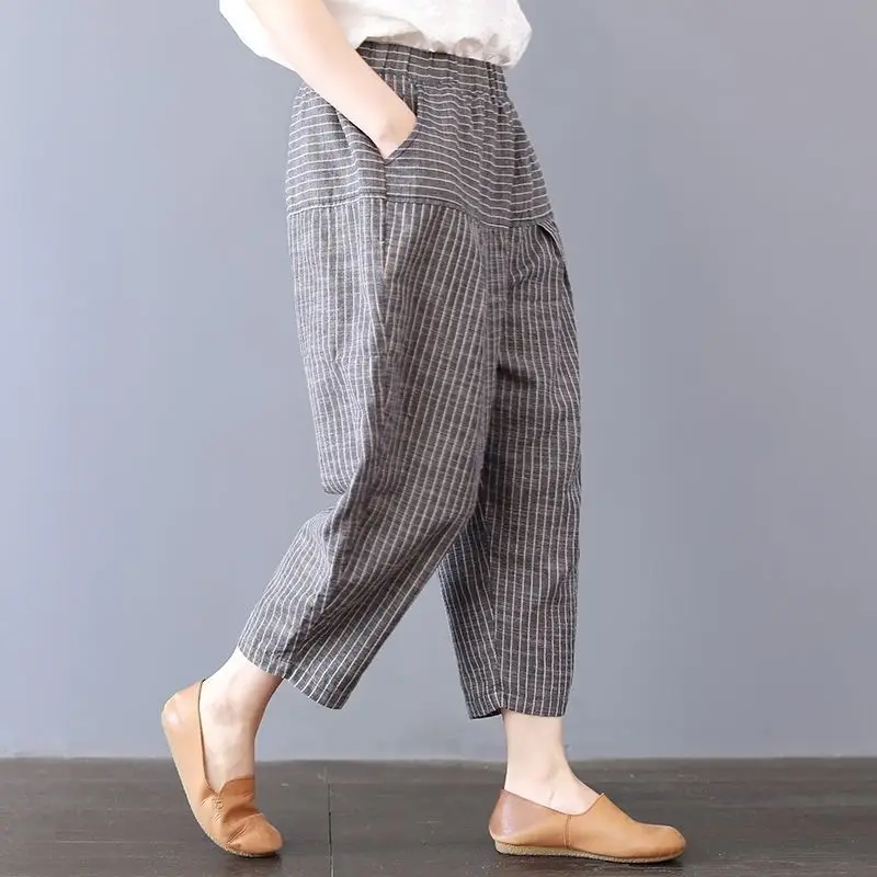 Johnature Ankle-length Pants Leisure Women Clothes New Autumn Harem Pants Loose Elastic Waist Trousers Casual Striped Pants