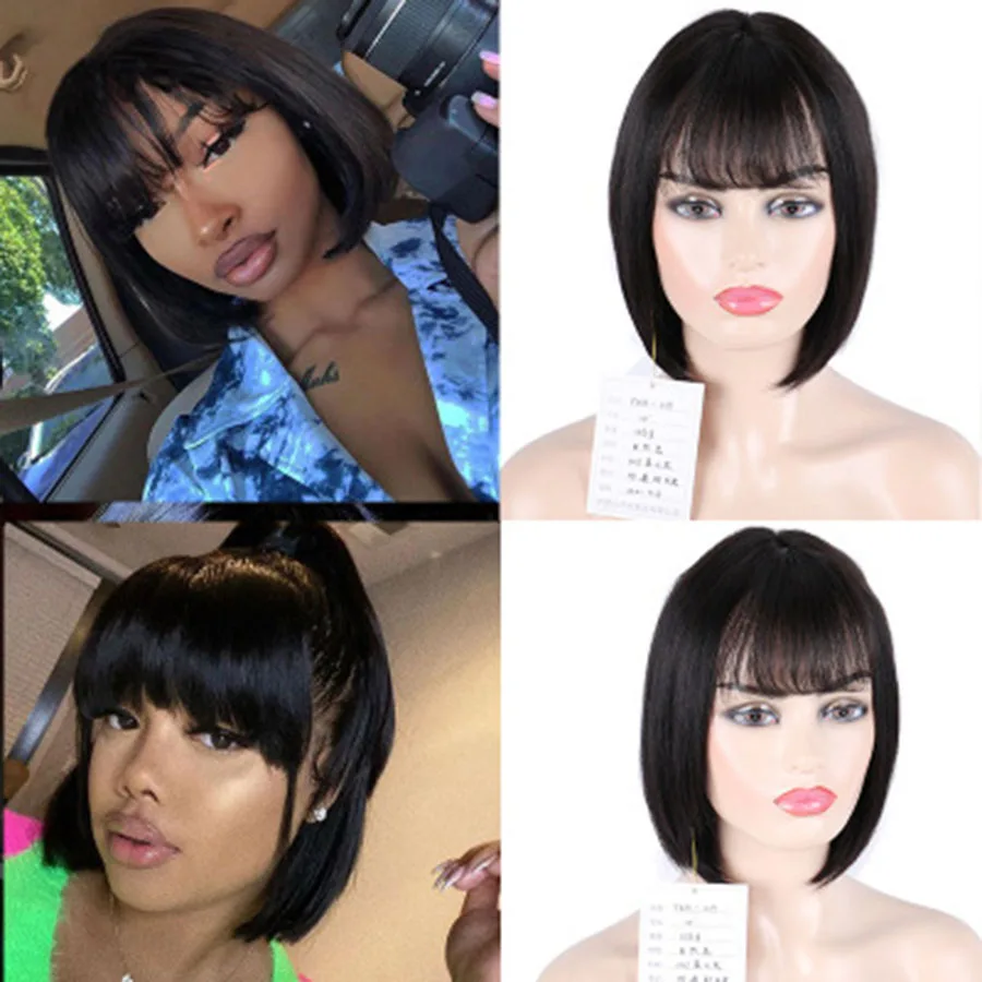 100% Real Remy Human Hair Wig Short straight Bob Costume Wig for women 10 inch with full bangs