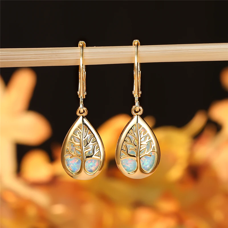 

Vintage Female Life Tree Jewelry Classic Black Gold Color Long Clip Earrings For Women Charm White Blue Opal Wedding Earrings
