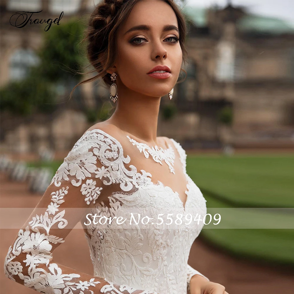 

Traugel Vestido De Novia Long Sleeve Lace Vintage Wedding Dresses 2021 Elegant Applique Button Court Train Bridal Gown Plus Size