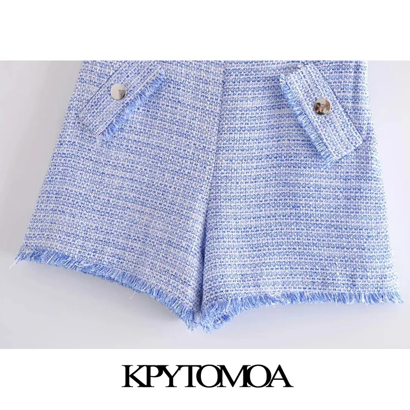 

KPYTOMOA Women 2021 Chic Fashion Frayed Hem Tweed Bermuda Shorts Vintage High Waist Side Zipper Female Short Pants Mujer