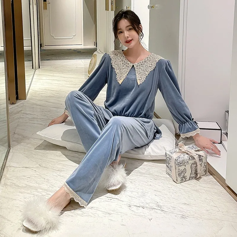 

Lace Patchwork V-neck Pyjamas Suits 2PCS Sexy Velour Warm Nightwear Full Sleeve Sleepwear Elastic Waist Pajamas Softy Loungewear