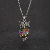 jakongo antique silver crystal owl pendant long chain necklace for womens fashion accessories 60cm