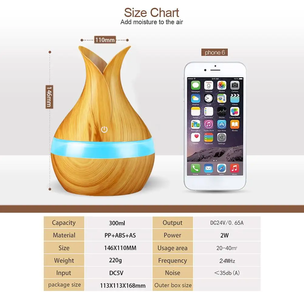 

300mL Wood Grain Air Humidifier Household Aroma Essential Oil Diffuser Air Humidifier Mist Purifier with 7 Color LED Light