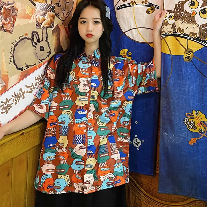 

Graffiti-print Short Sleeve Printed Tops and Blouses Lapel Button Beach Casual Style Loose Chiffon Blouse Red Shirt