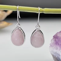 bohemian retro inlaid drop shaped pink natural stone earrings korean fashion platinum plating pendant ear hook jewelry for women
