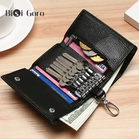 bisi goro key organizer bag tri fold men wallet genuine leather keychain card pouch cover holder case for keys women coin purse