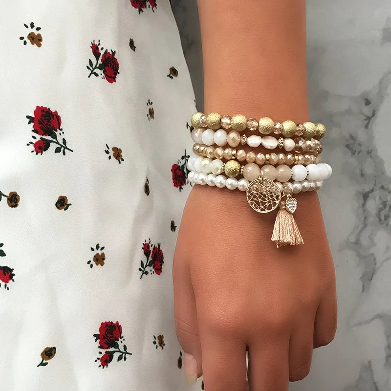 5 шт./компл. богемные шикарные акриловые браслеты с имитацией жемчуга и бусинами