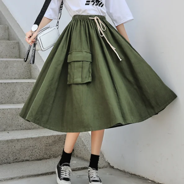 Новинка 2020 летняя женская однотонная Свободная юбка с карманами на шнуровке