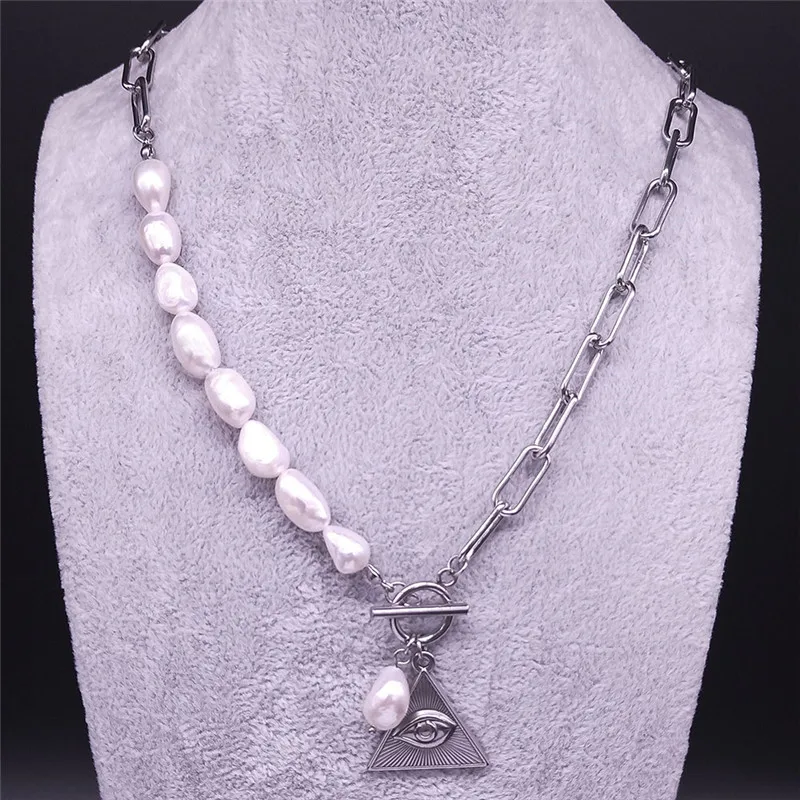 

Freshwater Pearls Stainless Steel Egyptian Pyramid Eye Chocker Necklace Women Silver Color Fashion Jewelry bijoux femme NK52S01