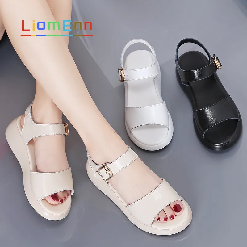 

Leather Flat Platfrorm Sandals Women Ladies Black White Sandals 2021 Summer Casual Shoes Woman Buckle Thick Sole Beach Slippers