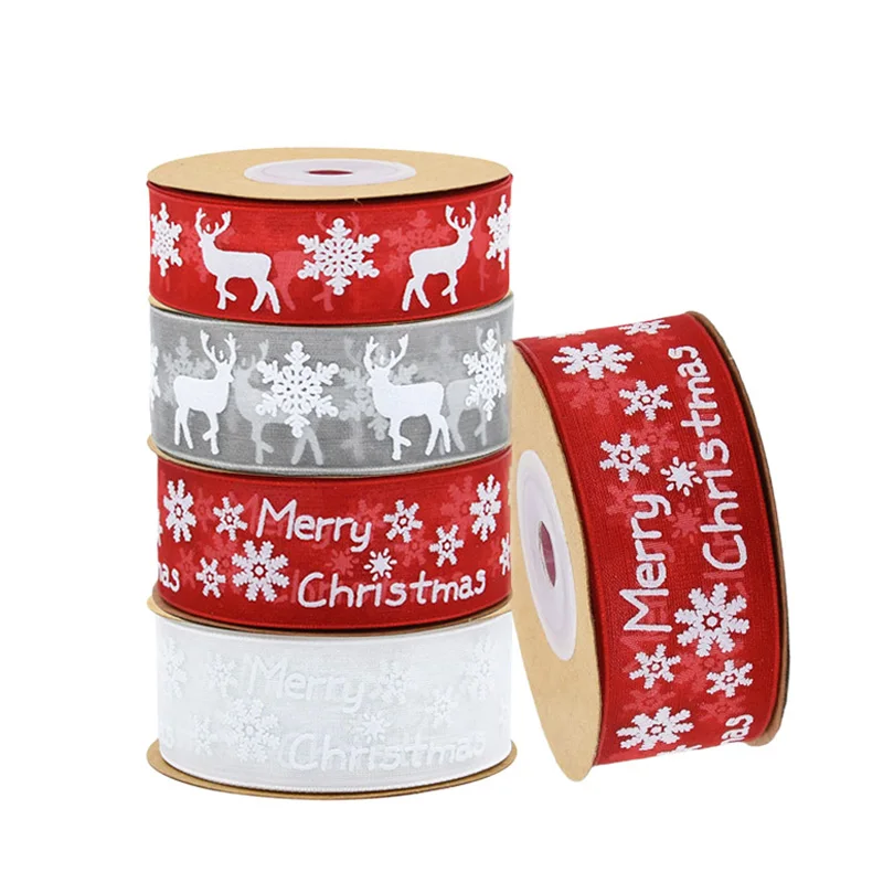10 метров 25 мм Рождественское украшение лента из органзы печатные рождественские